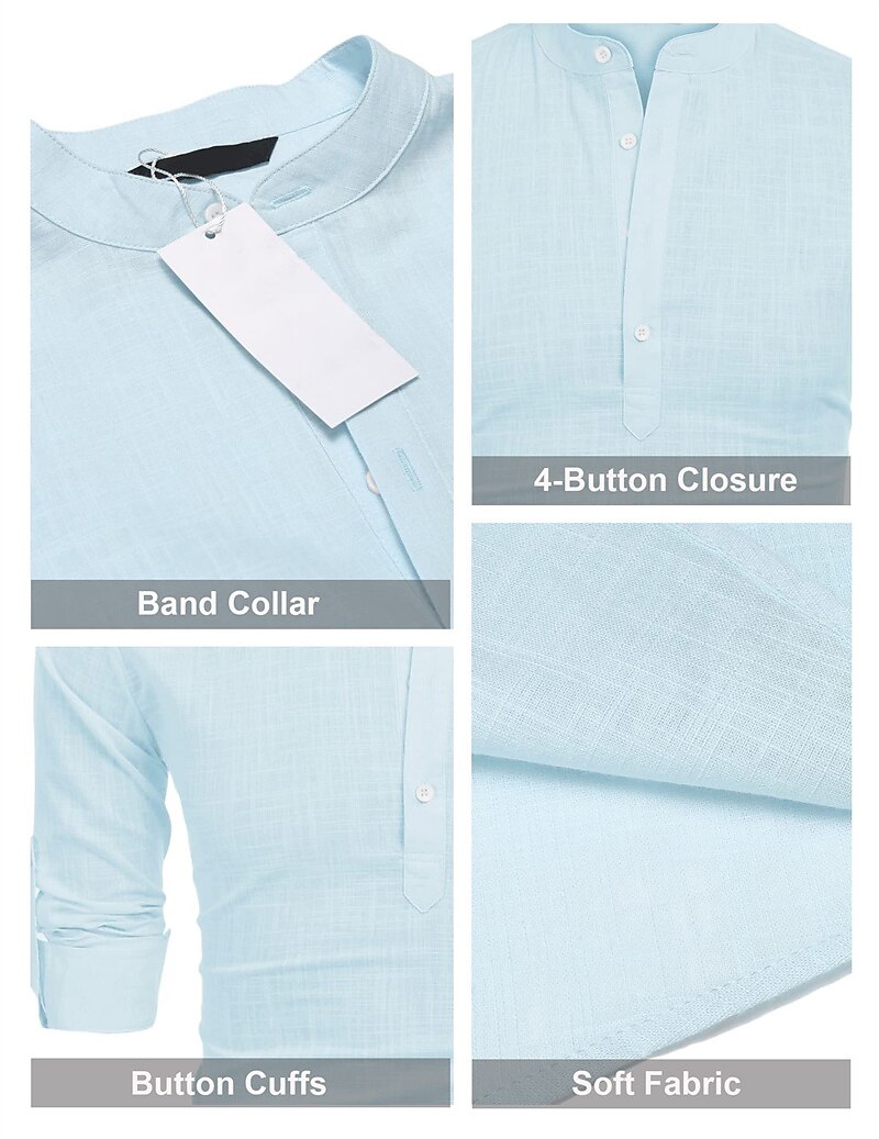 Men's Linen Shirt Popover Shirt Casual Shirt Beach Shirt Black White Pink Long Sleeve Plain Henley Hawaiian Top