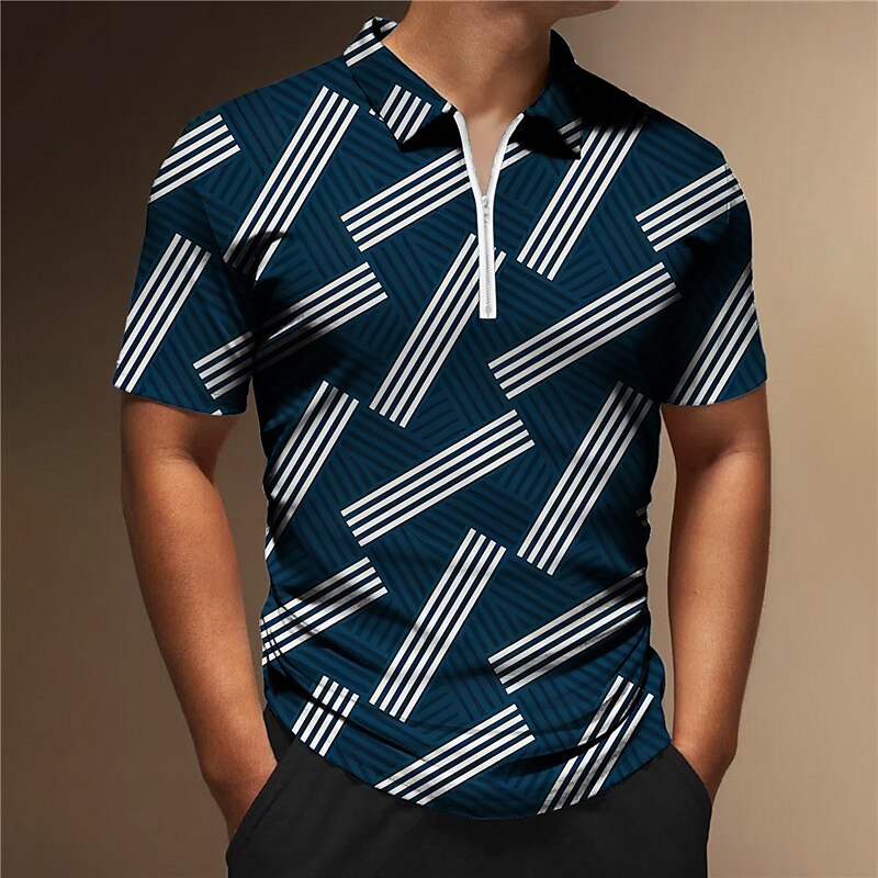 Men's Zip Lapel Polo Shirt Striped Graphic Prints Geometry Turndown  Outdoor Street Short Sleeves Zipper Casual Breathable Golf Shirt 
