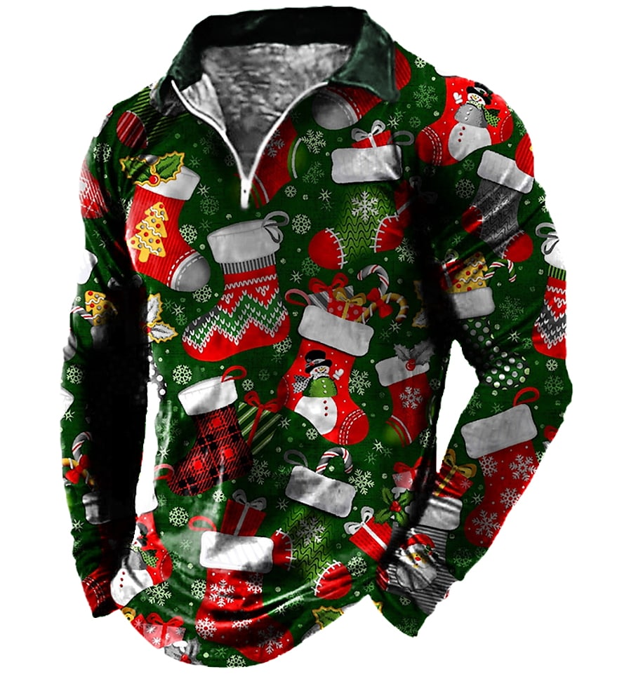 Men's Casual Christmas Print Turndown Long Sleeve Zipper Sweatshirt