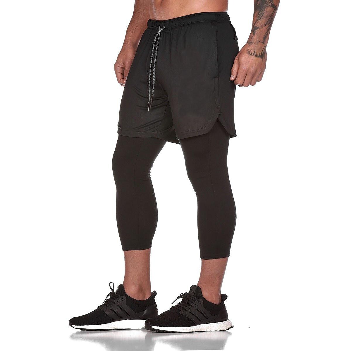 Men's Running Shorts With Tights Compression 3/4 Pants Drawstring Towe