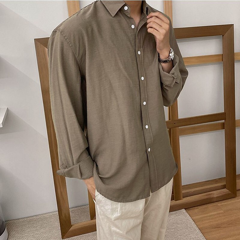 Men's Shirt Linen Shirt Summer Shirt Beach Shirt Black White Navy Blue Long Sleeve Plain Lapel Spring & Summer Casual Daily Shirt
