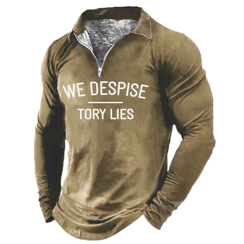 Men's Casual Letter Print Turndown Long Sleeve Zipper Lapel Shirt