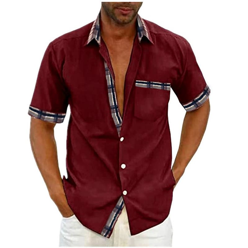Men's Collared Cotton Plaid Turndown Street Button-Down Short Sleeve Tops 