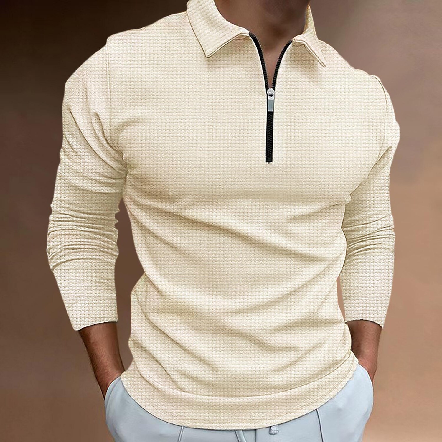 Men's Casual Solid Color Zipper Turndown Long Sleeve Basic Shirt