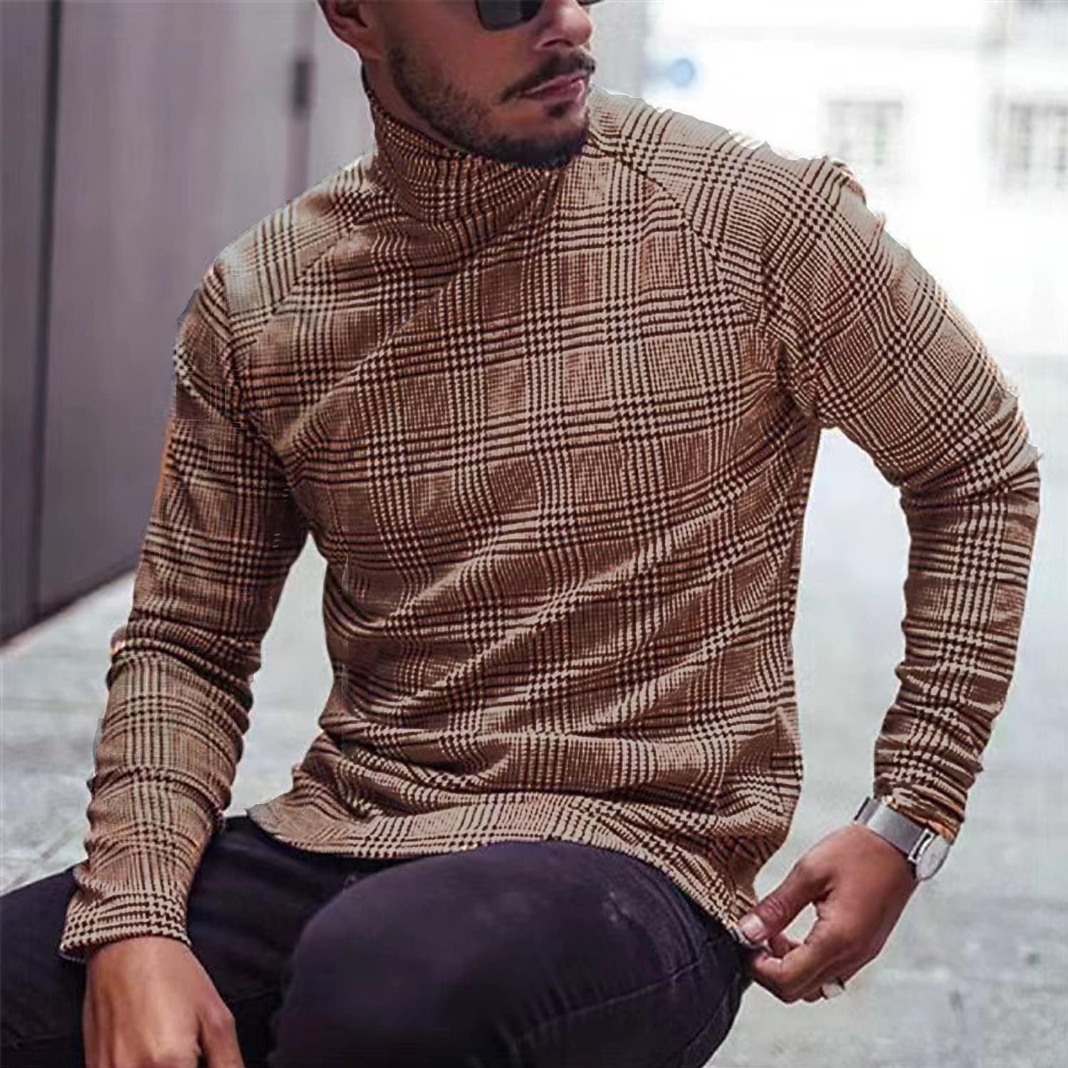 Men's Houndstooth Plaid Turtleneck Long Sleeve Tops 
