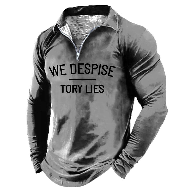 Men's Casual Letter Print Turndown Long Sleeve Zipper Lapel Shirt