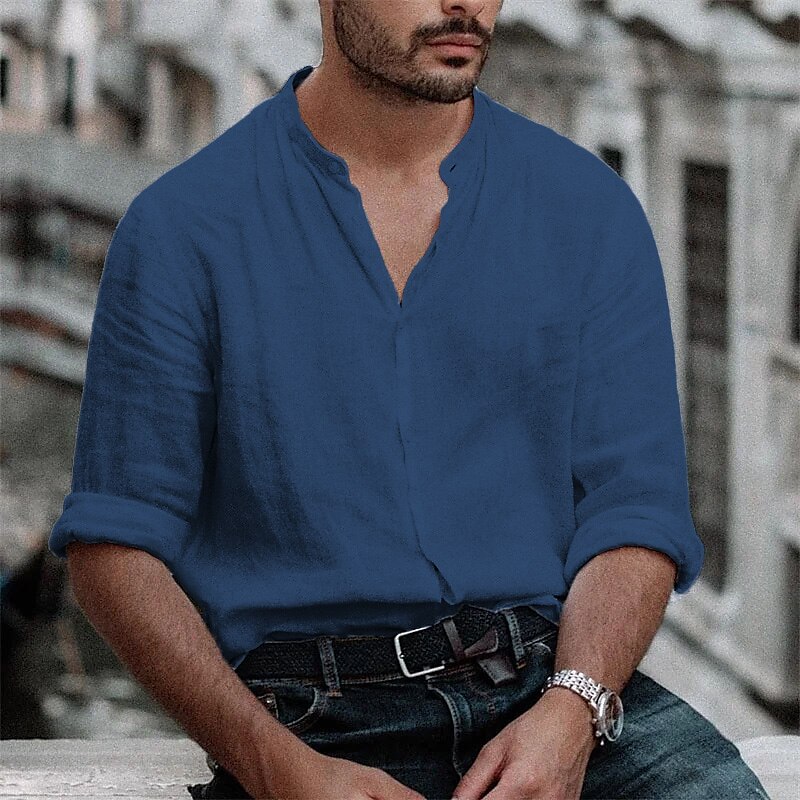Men's Shirt Linen Shirt Casual Shirt Summer Shirt Beach Shirt Long Sleeve Plain Crew Neck Hawaiian Holiday Top