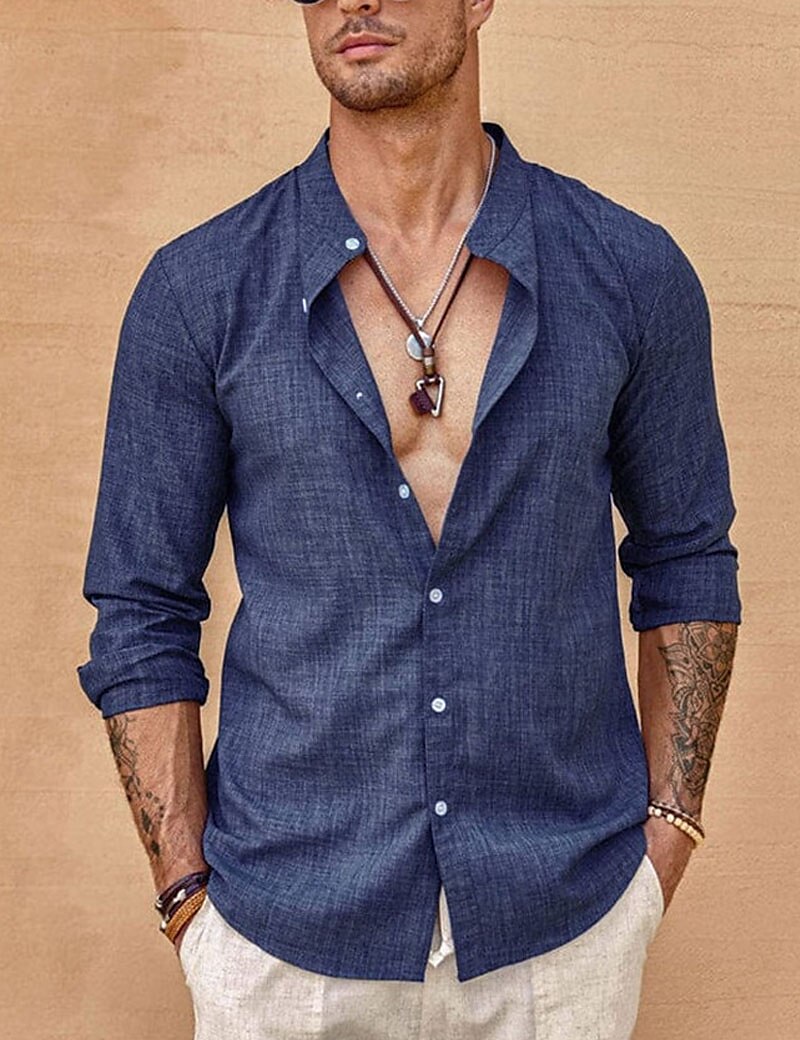 Men's Linen Button Up Summer Shirt Beach Shirt Black White Blue Long Sleeve Plain Band Collar Casual Daily Clothing Apparel Top
