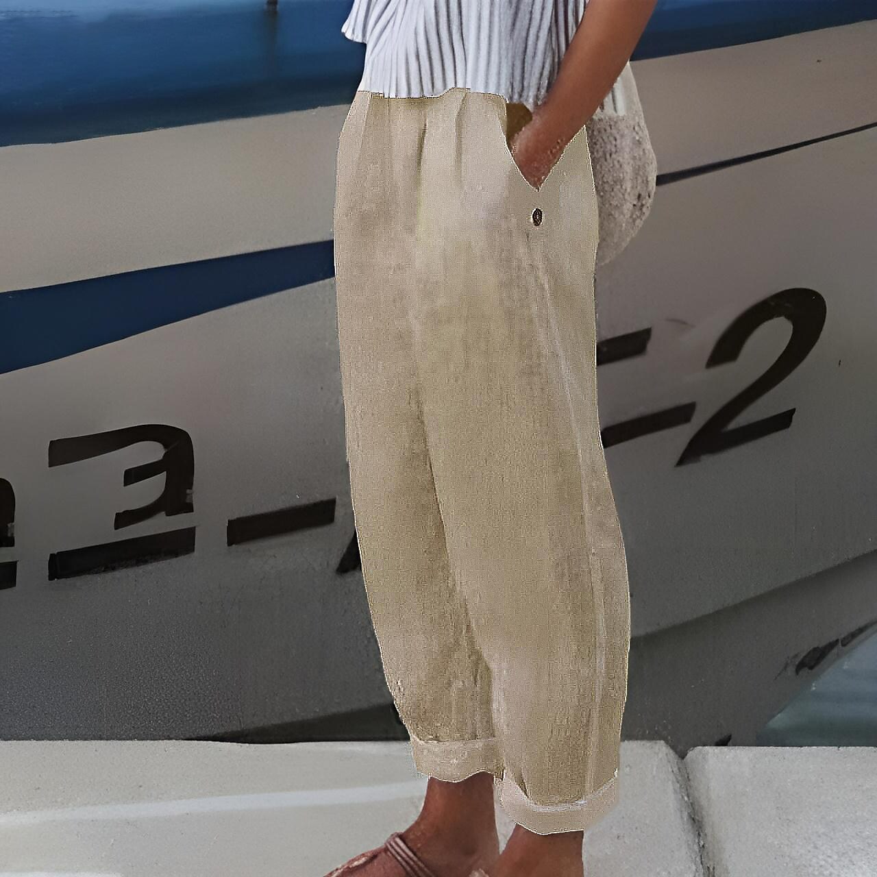 Women's Plus Size Loungewear Pants Pure Color Linen Casual Wear for Spring Summer