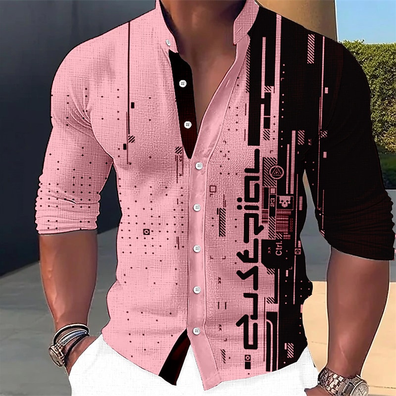 Men's Linen Graphic Prints Geometry Stand Collar Outdoor Street Long Sleeve Linen Fashion Casual Shirt 