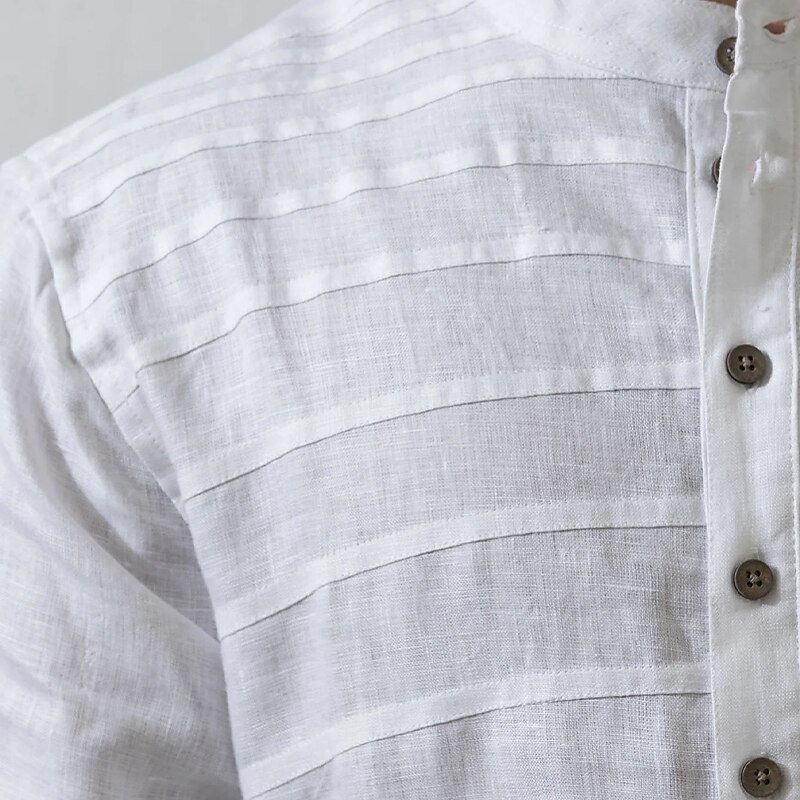 Men's Shirt Linen Beach Shirt Long Sleeve Plain Band Collar Spring & Summer Casual Daily  Shirt 