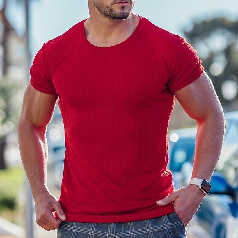 Mens Summer Sports Fitness Leisure Elastic Vertical Strip Round Neck