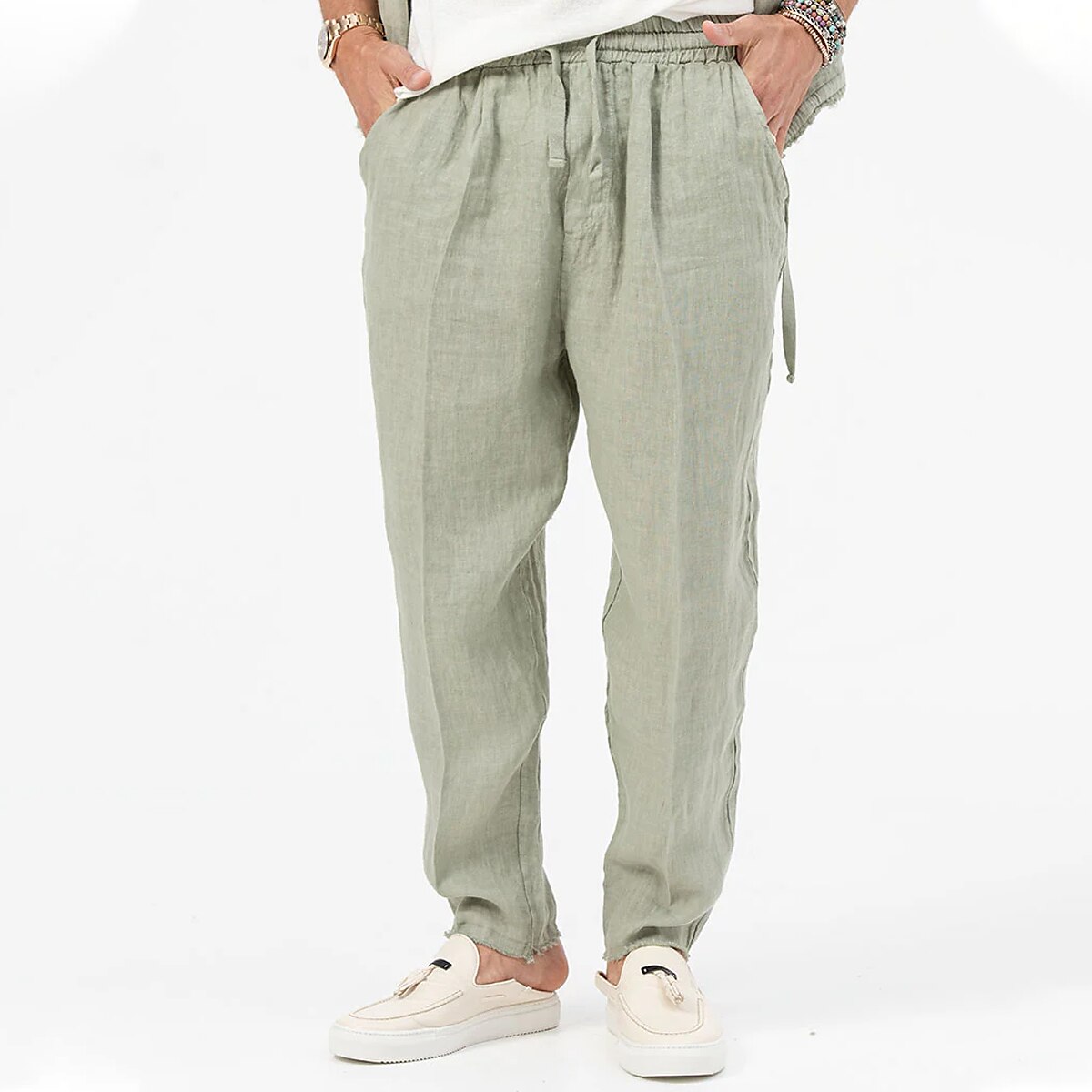 Men's Linen Pants Drawstring Elastic Waist Pleats Plain Comfort Breathable Casual Linen / Cotton Blend Classic Pants 