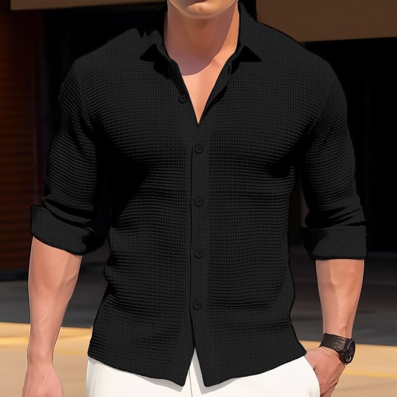 Men's Button Up Casual Waffle Shirt Long Sleeve Plain Lapel Daily Vacation Casual Comfortable Shirt 