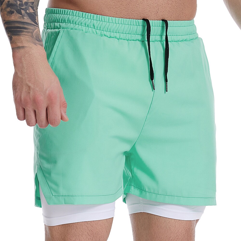 Men's Running Workout Shorts Side Pockets 2 in 1 Bottoms Athletic Breathable Moisture Wicking Soft Fitness Gym Workout Running Sportswear 