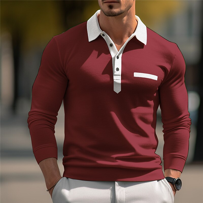 Men's Button Up Polos Polo Shirt Casual Sports Lapel Long Sleeve Fashion Basic Patchwork Button Up Polos
