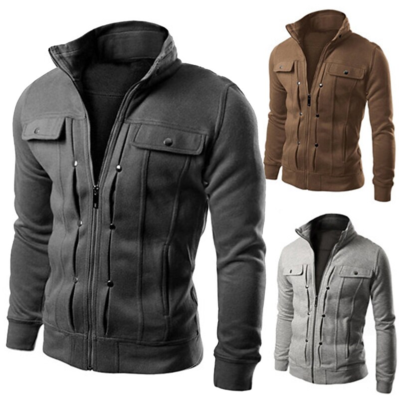 Men's Casual Solid Color Zipper Long Sleeve Button Coat