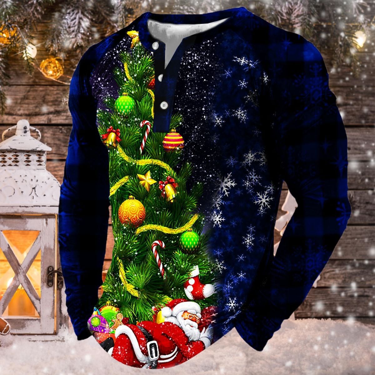 Men's Casual 3D Print Christmas Button Long Sleeve Henley Shirt