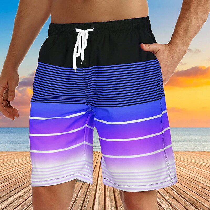 Men's Swim Trunks Summer Shorts Bermuda Drawstring with Mesh lining Elastic Waist Graphic Stripe Breathable Soft Casual Short 