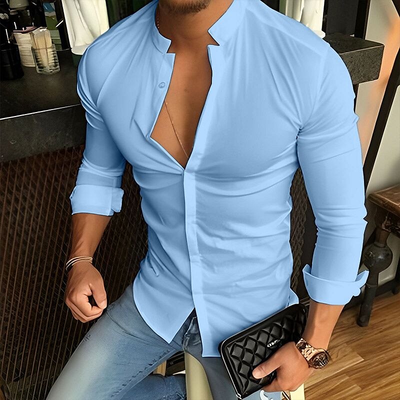 Men's Button Up Summer Casual Shirt Long Sleeve Plain Band Collar Fashion Comfortable Top