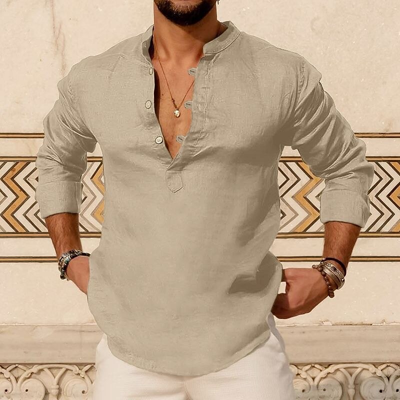 Men's Linen Outdoor Beach Casual Fashion Vacation Breathable Comfortable Light Plain Long Sleeve Henley Shirt