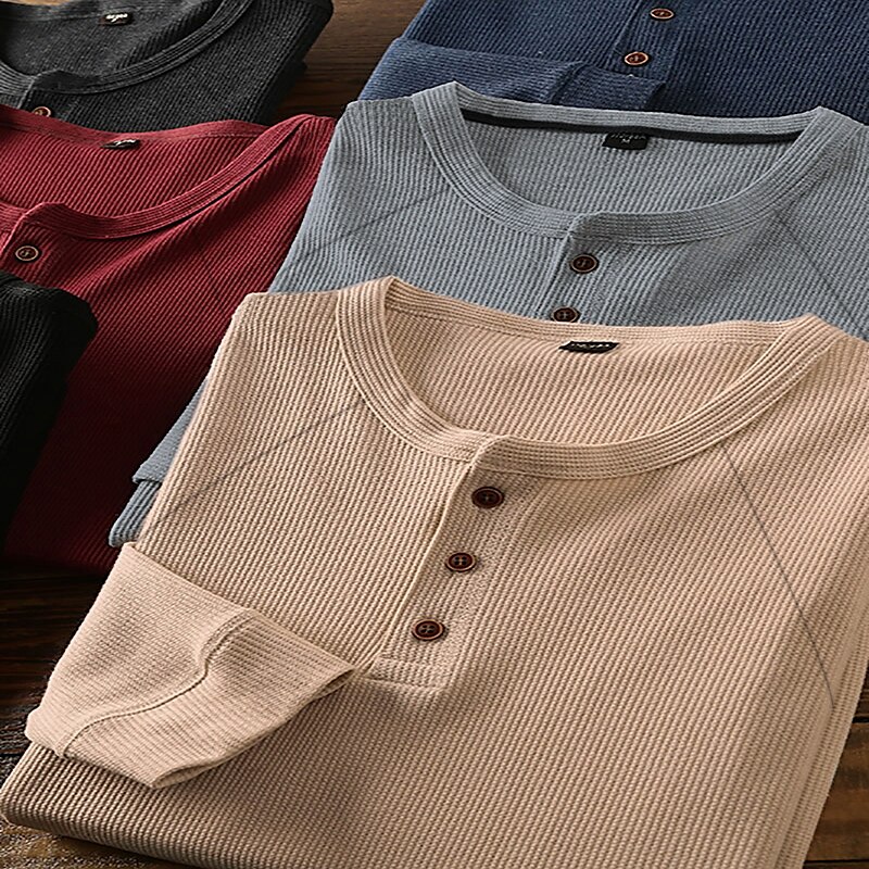 Men's Waffle Henley Shirt Long Sleeve Shirt Plain Henley Long Sleeve Button-Down  Streetwear Casual Henley Shirt