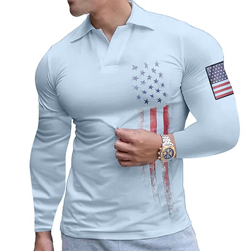 Men's Golf Shirt Polo Sports Fitness V Neck Classic Long Sleeve National Flag Muscle Flag Fashion Print Golf Shirt