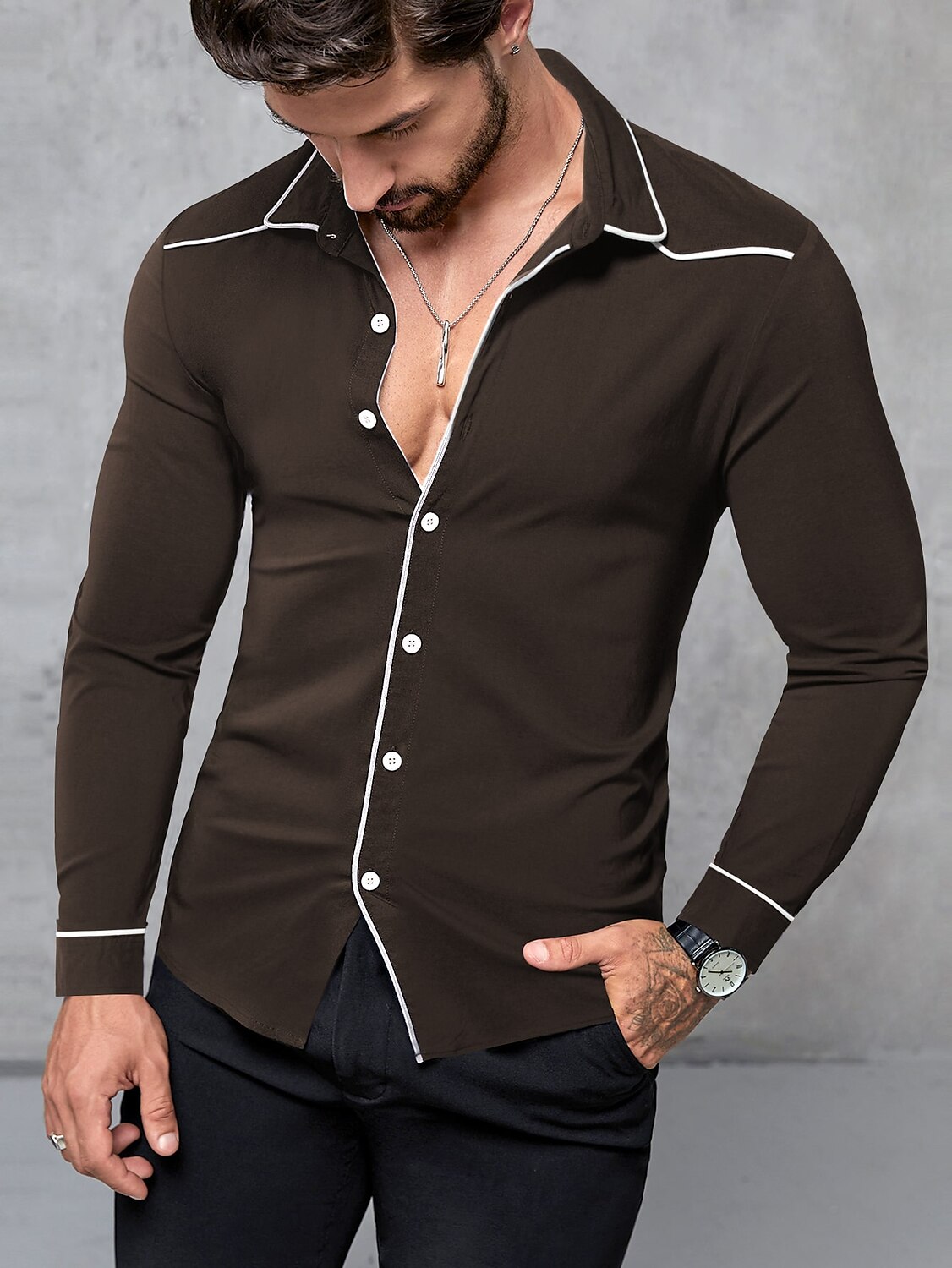 Men's Outdoor Casual Fashion Vacation Breathable Comfortable Light Plain Lapel Long Sleeve Shirt