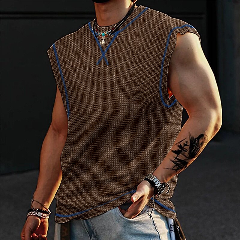 Men's Tank Top Waffle Shirt Sleeveless Shirt Plain Crew Neck Outdoor Going out Sleeveless Muscle Vest Top
