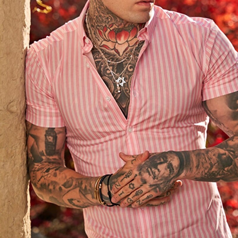 Men's Button Up Summer Casual Shirt Short Sleeve Striped Turndown Stre