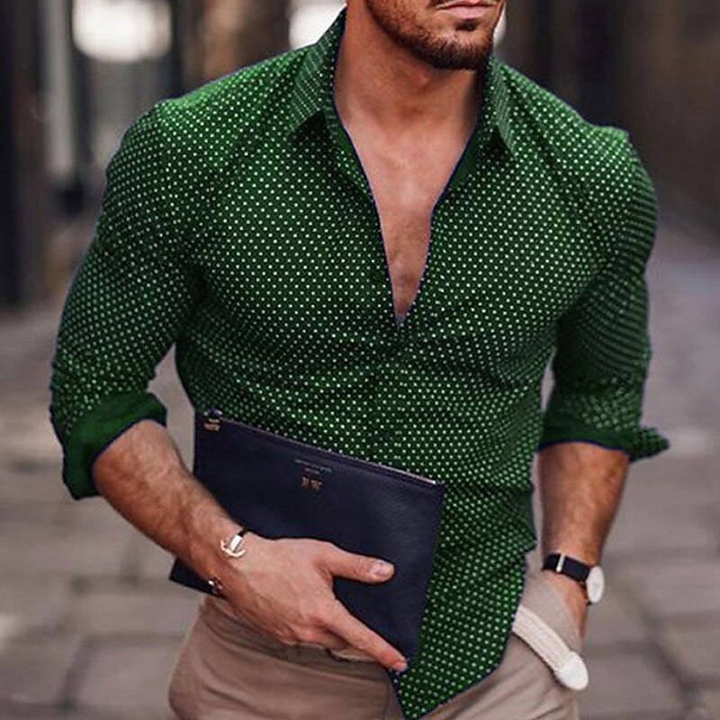 Men's Button Up Casual Shirt Long Sleeve Polka Dot Turndown  Leisure Comfortable Shirt 
