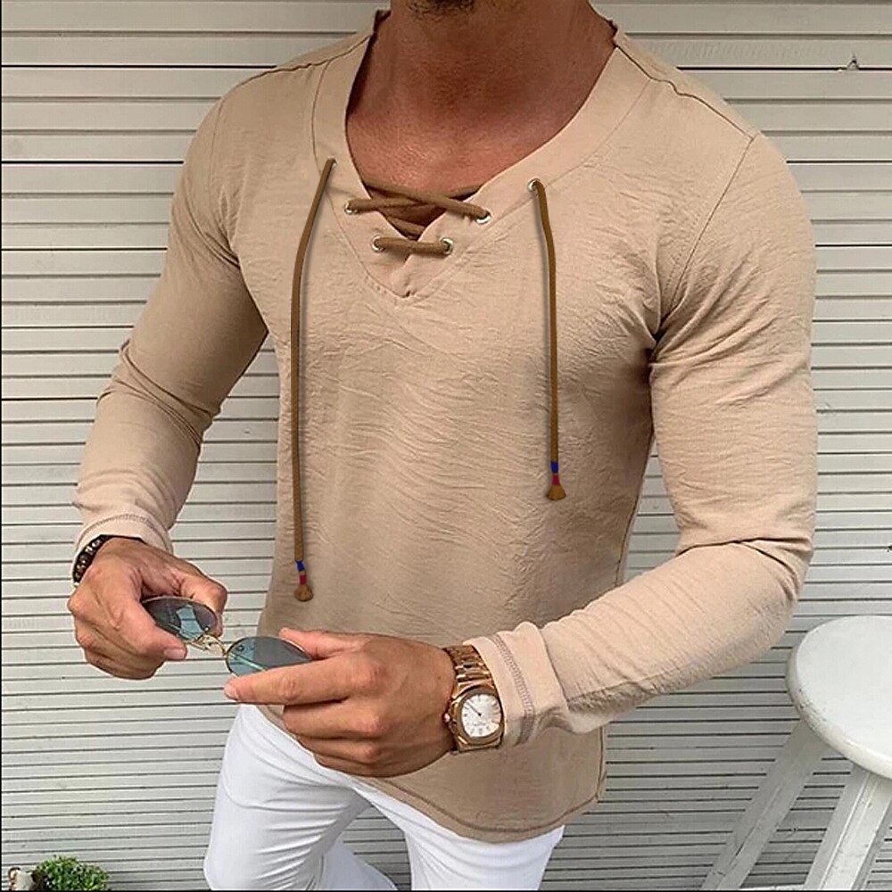 Men's Shirt Long Sleeve Plain Solid Colored V Neck Casual Daily Drawstring Cotton Fashion Casual Breathable Comfortable Top