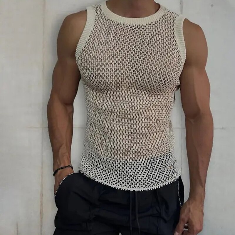 Men's Tank Top Sleeveless Shirt Plain Crew Neck Outdoor Going out Sleeveless See Through Knitted Muscle Vest Top