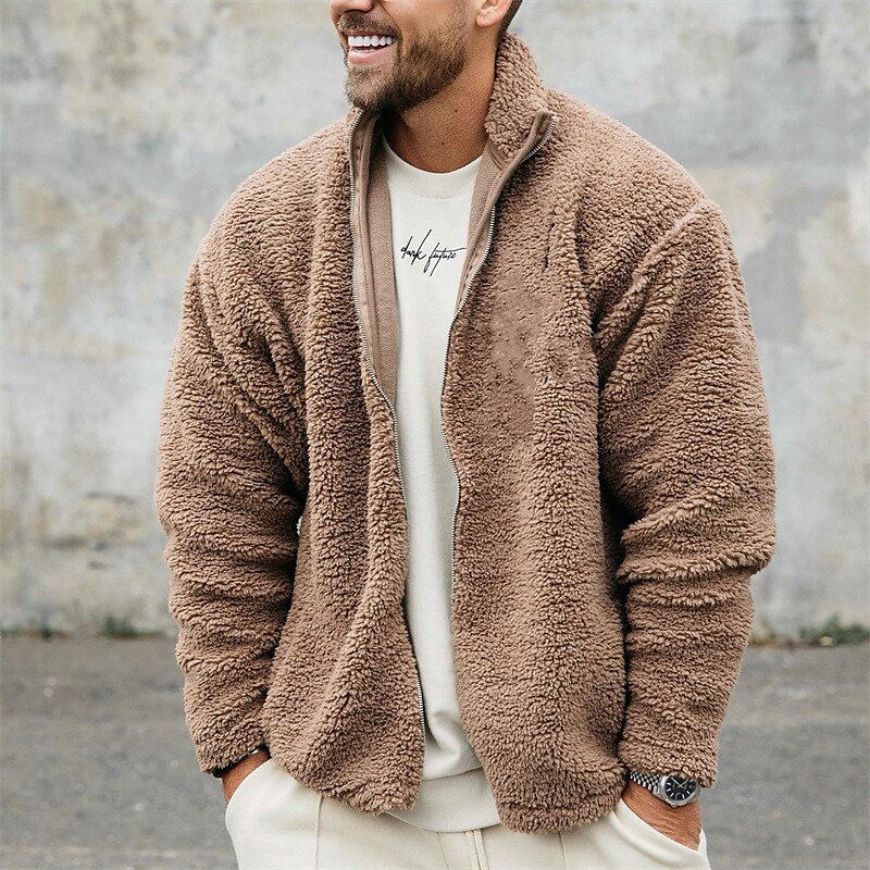 Men's Full Zip Hooded Stand Collar Solid Color Fleece Basic Sweatshirt