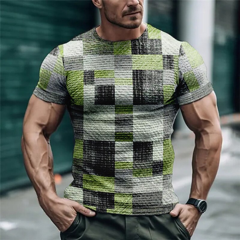 Men's T shirt Graphic Color Block Plaid / Check Crew Neck Print Outdoor Daily Short Sleeve Print Fashion Designer Vintage Top
