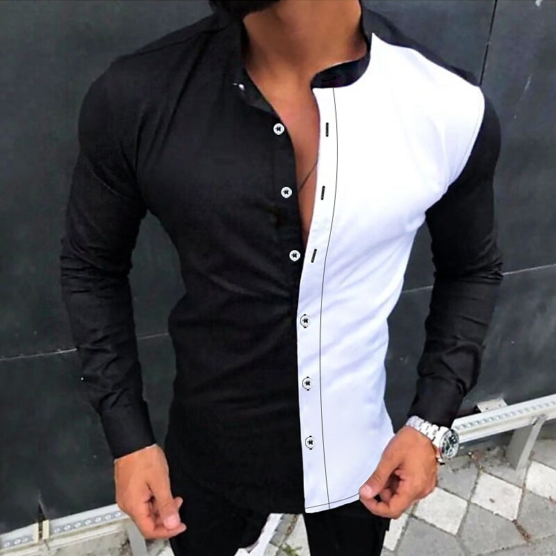 Men's Shirt Button Up Shirt Color Block Stand Collar Street Daily Long Sleeve