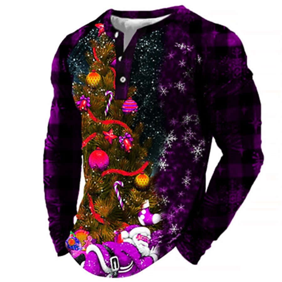 Men's Casual 3D Print Christmas Button Long Sleeve Henley Shirt