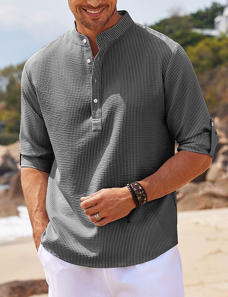 Men's Shirt Casual Shirt Summer Shirt Beach Shirt Henley Shirt Black White Blue Green khaki Long Sleeve Plain Henley Daily Vacation Clothing Apparel Fashion Casual Comfortable
