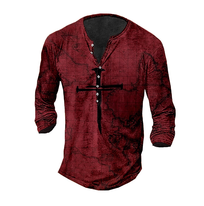 Men's Henley Shirt Graphic Prints Cross Henley  Outdoor Casual Long Sleeve Button-Down Print