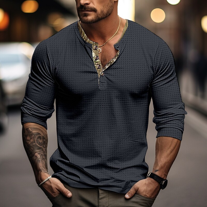 Men's Waffle Henley Shirtt Top Patchwork Henley Street Vacation Long Sleeve Fashion Designer  Henley Shirt