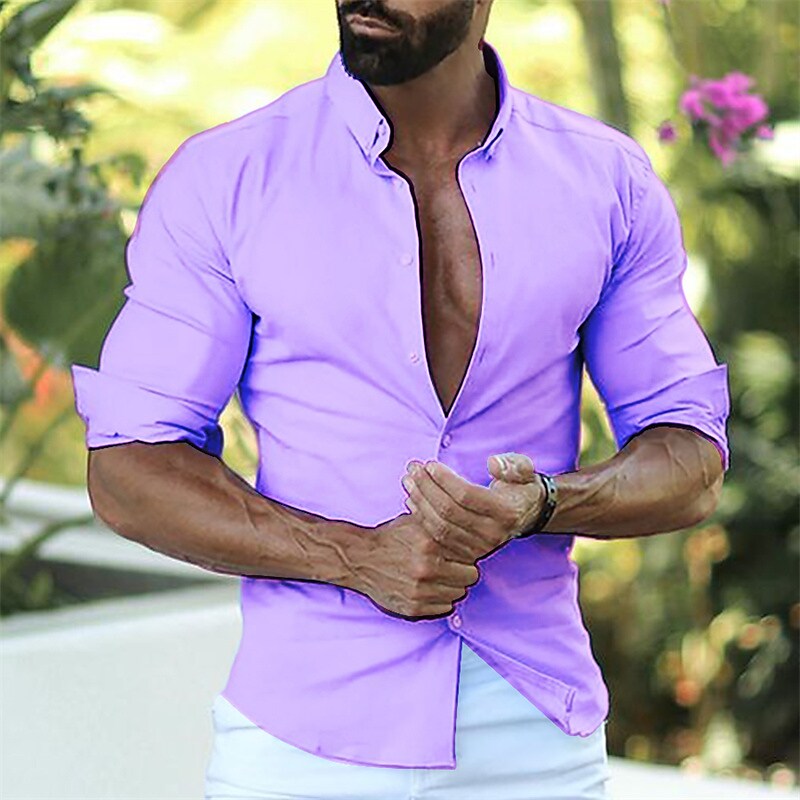 Men's Button Up Shirt Plain Lapel Outdoor Street Long Sleeve Fashion C