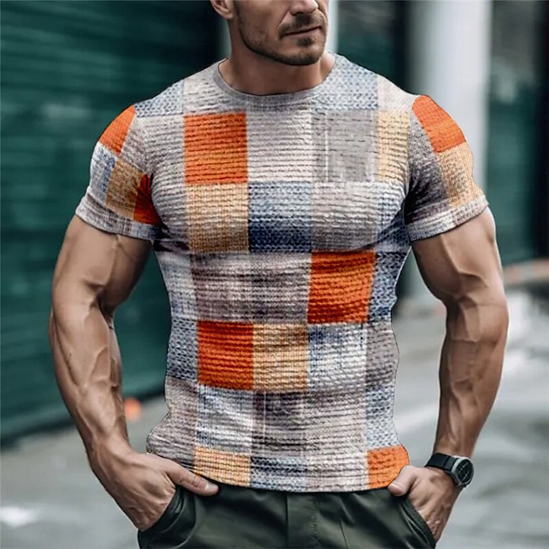 Men's T shirt Tee Waffle T Shirt Graphic Color Block Plaid / Check Crew Neck 3D Print Outdoor Street Short Sleeve Casual Top