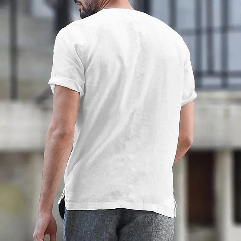 Men's Linen Shirt Summer Beach Shirt Short Sleeve Plain Band Collar Summer Casual Daily Shirt 