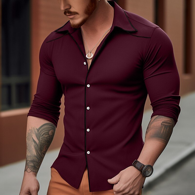 Men's Button Up Casual Summer Shirt Long Sleeve Color Block Lapel Daily Vacation Clothing Casual Comfortable Top