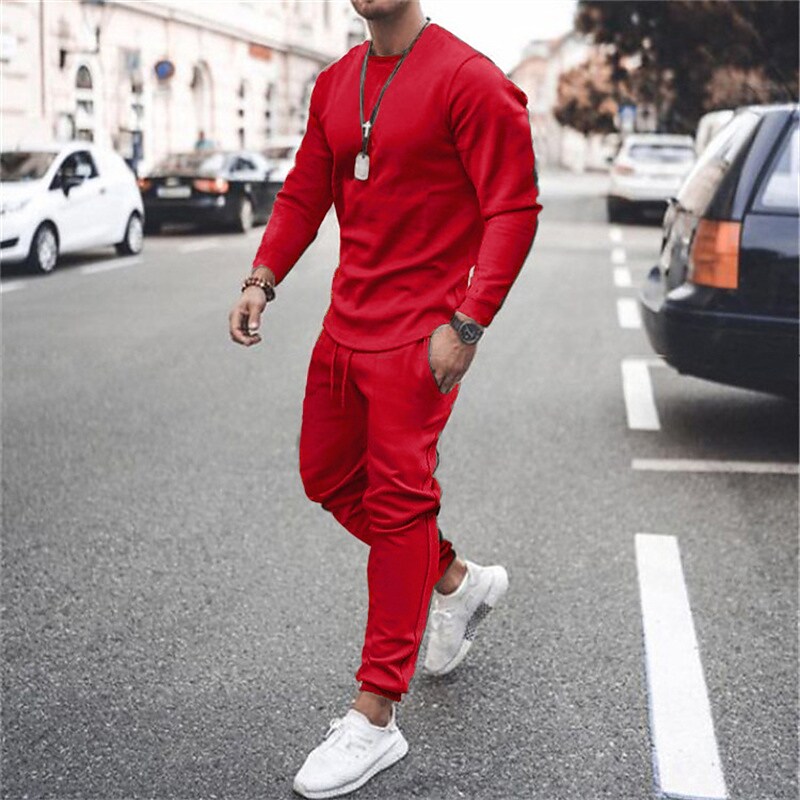 Men's Solid Crew Neck Shirt Elastic Waist Pocket Pant Tracksuit