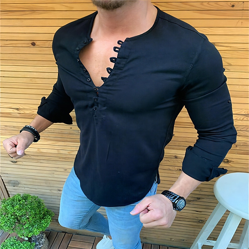 Men's Casual Shirt Summer Long Sleeve Plain Band Collar Daily Vacation Fashion Casual Comfortable Shirt 