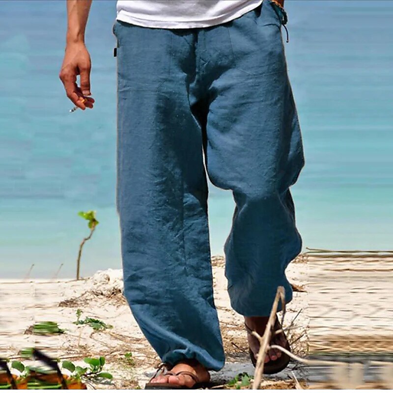 Men's Wide Leg Solid Color Comfy Breathable Casual High Waist Linen Pa