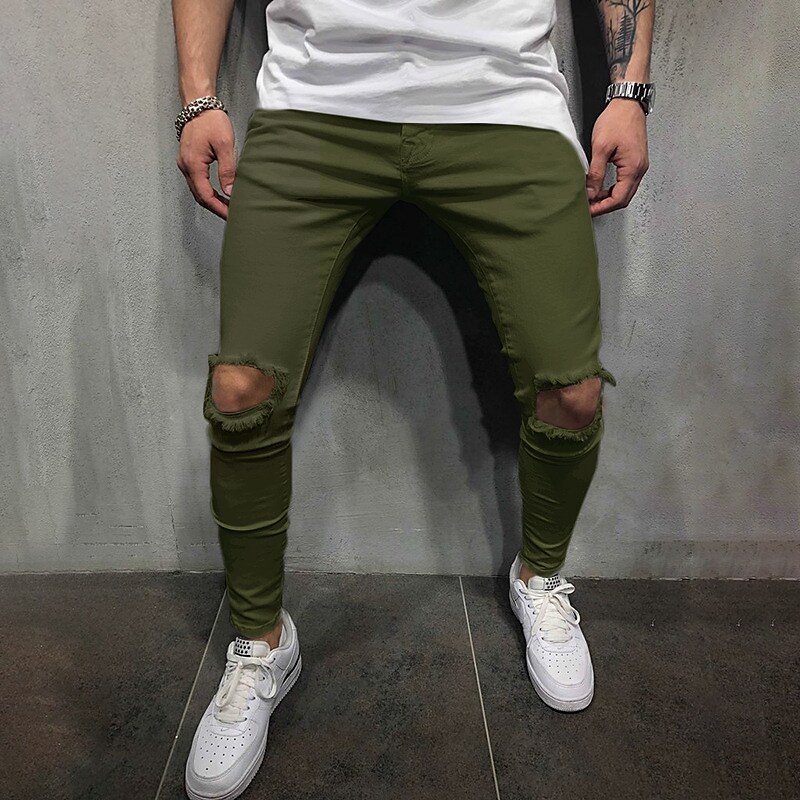 Men's Trousers Casual Pants Ripped Straight Leg Solid Colored Comfort