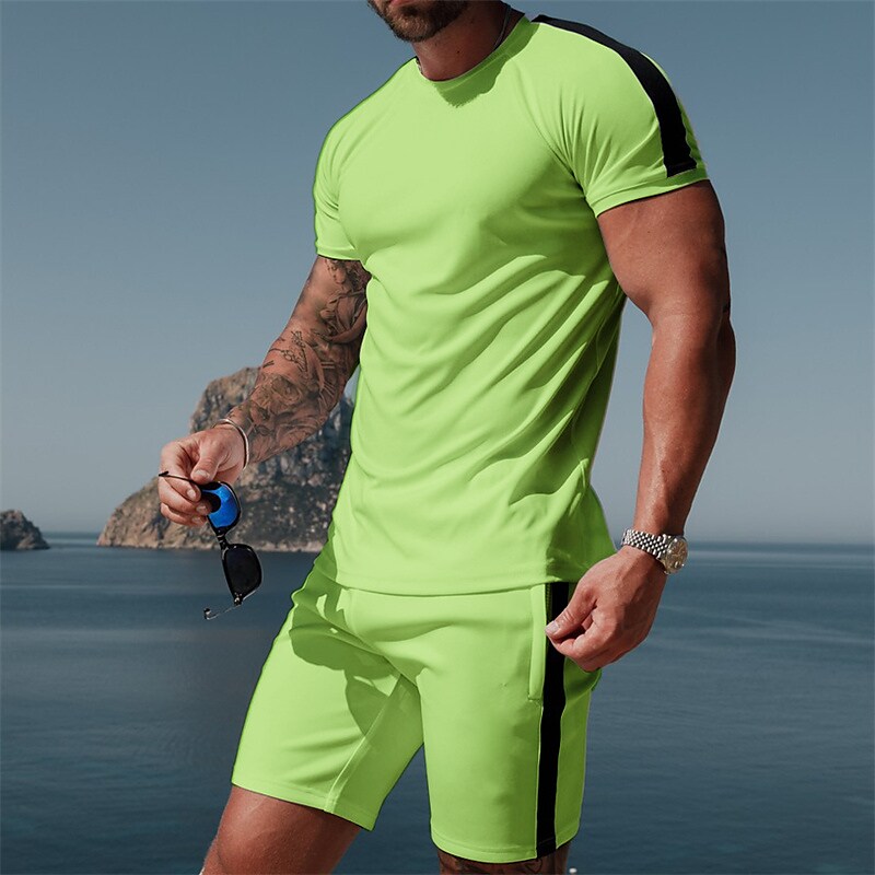 Men's T-shirt Suits Tracksuit Color Block Crew Neck Street Vacation Sh