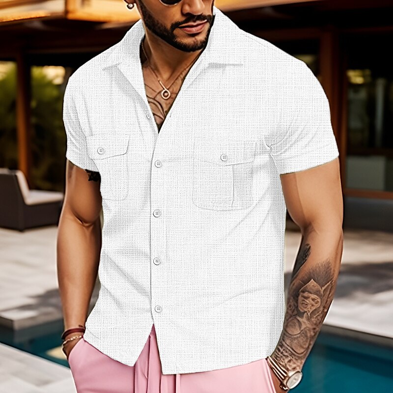 Men's Linen Button Up Summer Shirt Beach Shirt Short Sleeve Plain Lapel Casual Pocket Shirt 
